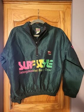 VTG 1980s Surf Style Windbreaker Size 14-16 Pullover Metallic Green 2 In 1 can f
